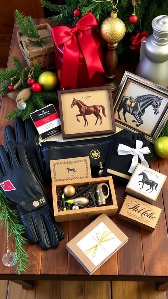 A selection of equestrian gifts including gloves, grooming kit, and horse decor on a rustic table with holiday decorations.